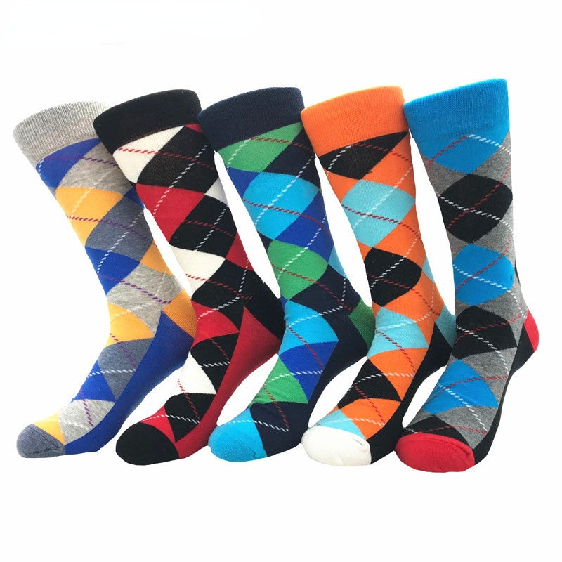 5 Pairs/Pack Combed Cotton Men Socks Retro Fashion Colors Male Geometric Rhombus Classic Design Party Business Dress Socks